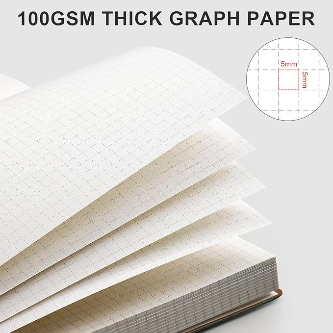 AHGXG Graph Paper Notebook - 320 Pages Grid Paper Notebook Large Journal B5, 100gsm Thick Graph Paper, Leather Softcover, Inner Pocket, 7.6'' X 10''- GrayBlue-DeskLoop Office