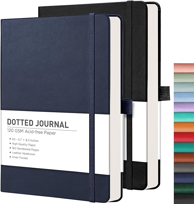 RETTACY Bullet Dotted Journal Notebook, 2-Pack, 160 Numbered Pages per Pack, A5 Medium Size (5.7'' x 8.3''), 120 GSM Thick Paper, Leather Hardcover, for Bullet Journaling (Black & Navy Blue)-DeskLoop Office