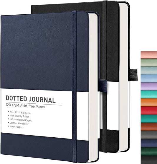 RETTACY Bullet Dotted Journal Notebook, 2-Pack, 160 Numbered Pages per Pack, A5 Medium Size (5.7'' x 8.3''), 120 GSM Thick Paper, Leather Hardcover, for Bullet Journaling (Black & Navy Blue)-DeskLoop Office