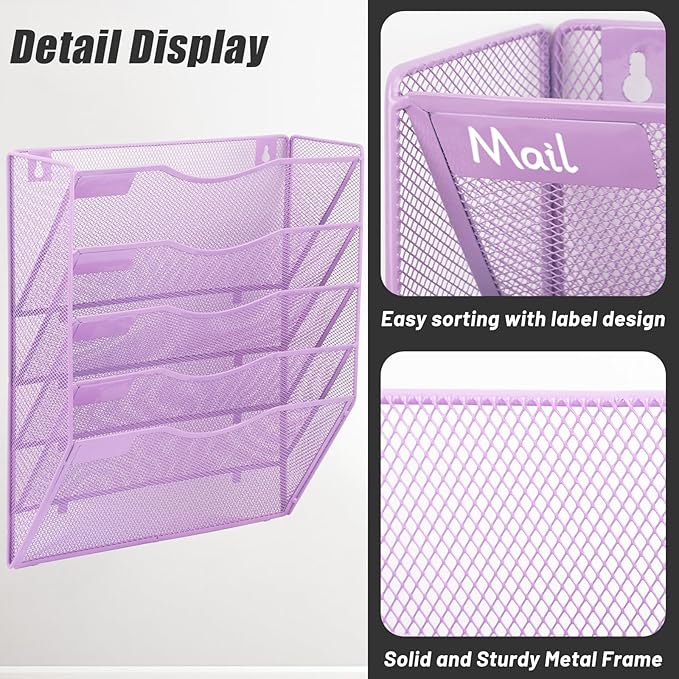 EASEPRES 5 Pocket Mesh Hanging Wall File Organizer, Wall Mounted Mail Paper Document Folder Holder, Clipboard Storage Organization Magazine Rack with Nametag Label for Office Home School, Light Purple-DeskLoop Office
