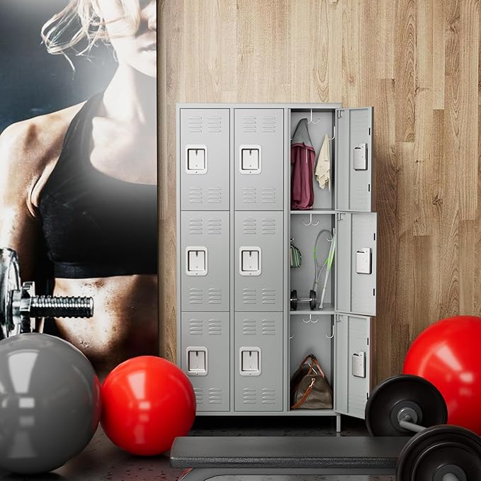 Metal Storage Locker with 9 Doors and 27 Hooks,Metal Lockers for Employees with Lock for School Garage Office Gym,Assembly Required,Light Grey-DeskLoop Office