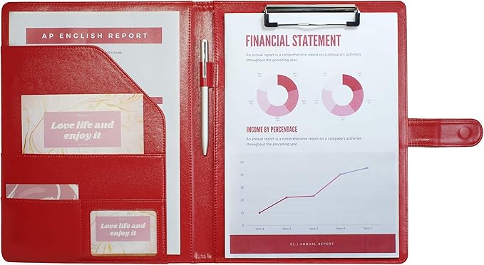 Mymazn Padfolio Clipboard Folder Portfolio, Faux Leather Storage Clipboard with Cover for Legal Pad Holder Letter Size A4 Writing Pad for Business School Office Conference Notepad Clip Boards (Red)-DeskLoop Office