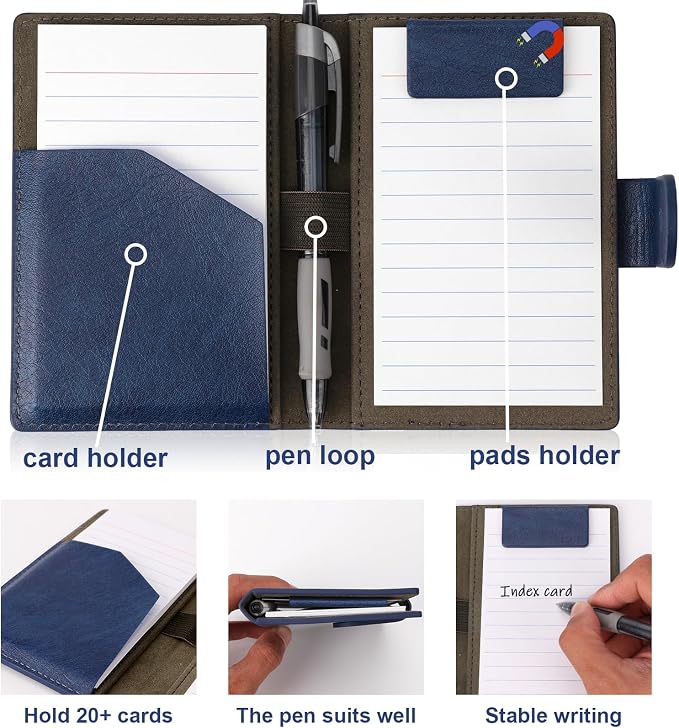 Blue Index Card Holder PU Leather 3x5 Note Card Holder Wallet Portable Pocket - Image 3