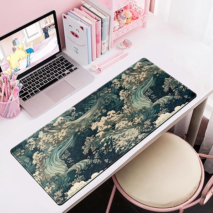 Japanese Large Mouse Pad Gaming Sea Wave Desk Pad Blue Sea Flower Art Aesthetics Desk Pad Non-Slip Rubber Base Mice Pad, 31.5 X 11.8 in for Laptop Computer Mouse Keyboard Mat of Office Desk Decor-DeskLoop Office