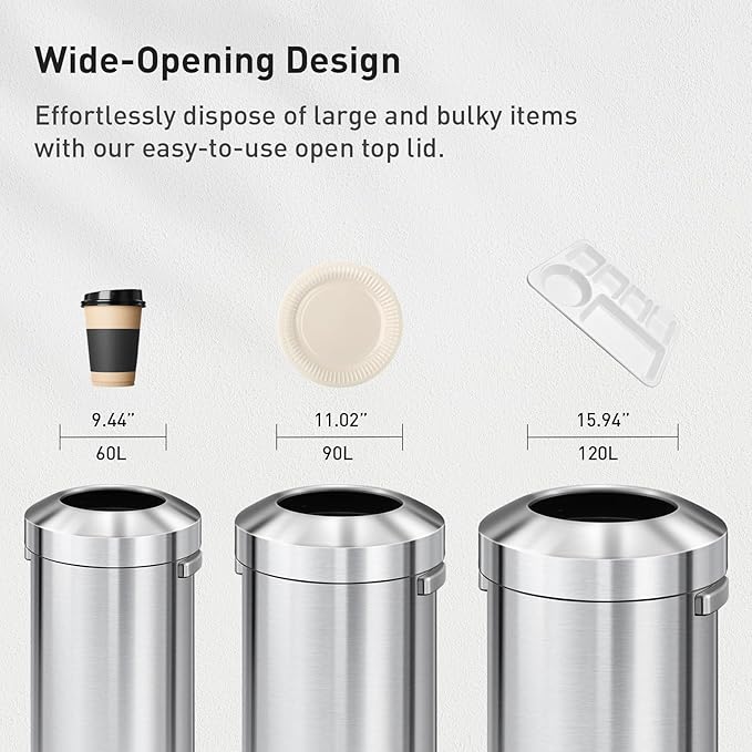 EKO 16-Gallon Round Stainless Steel Open Top Trash Can, Large Commercial Waste Bin with Detachable Lid and Carrying Handle, Brushed Metal Garbage Bin for Home, Office, Restaurant, Restroom-DeskLoop Office