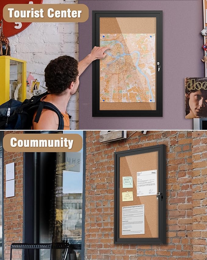 36"x24" Enclosed Bulletin Board, Outdoor Lockable Weather-Resistant Aluminum Cork Noticeboard for School & Office Hospital, Black Frame w/Cork-DeskLoop Office