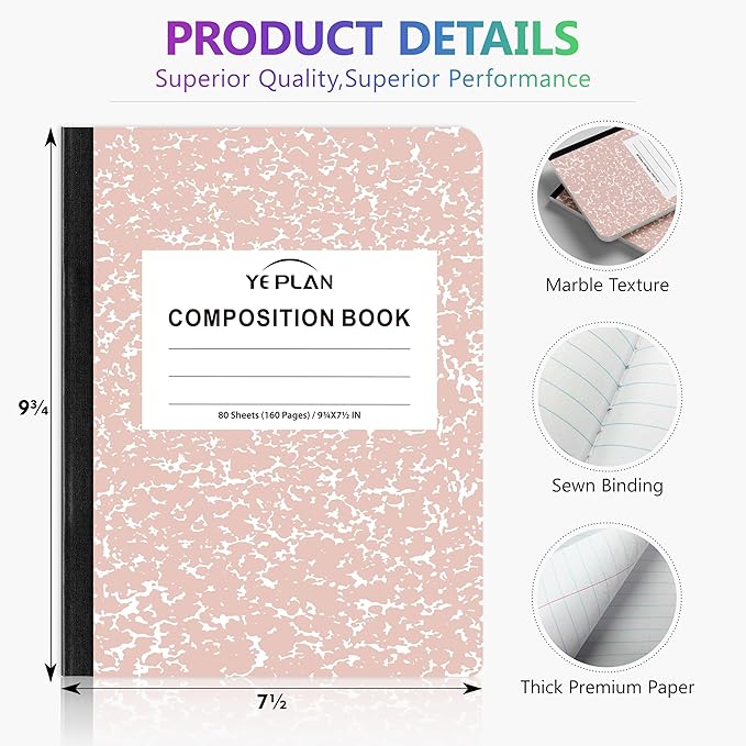 Yeplan Composition Notebooks 4 pack, Wide Ruled Notebook Paper, 9 3/4" x 7 1/2" - Image 2