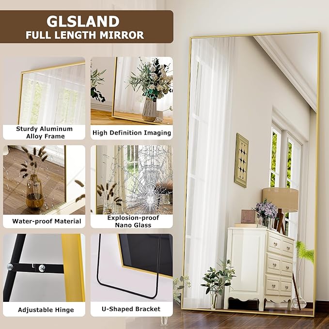 GLSLAND 76"x34" Full Length Mirror Extra Large Hanging or Leaning Rectangle Mirror Aluminum Alloy Thin Frame Bedroom Floor Dressing,Gold-DeskLoop Office