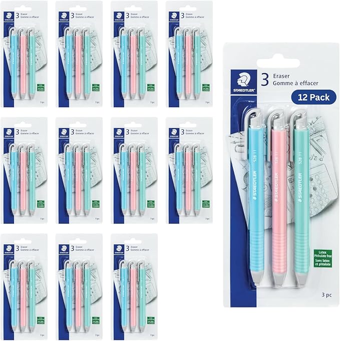 STAEDTLER Vinyl Eraser Holder 12-Pack: 3 Units Retractable Erasers by Staedtler