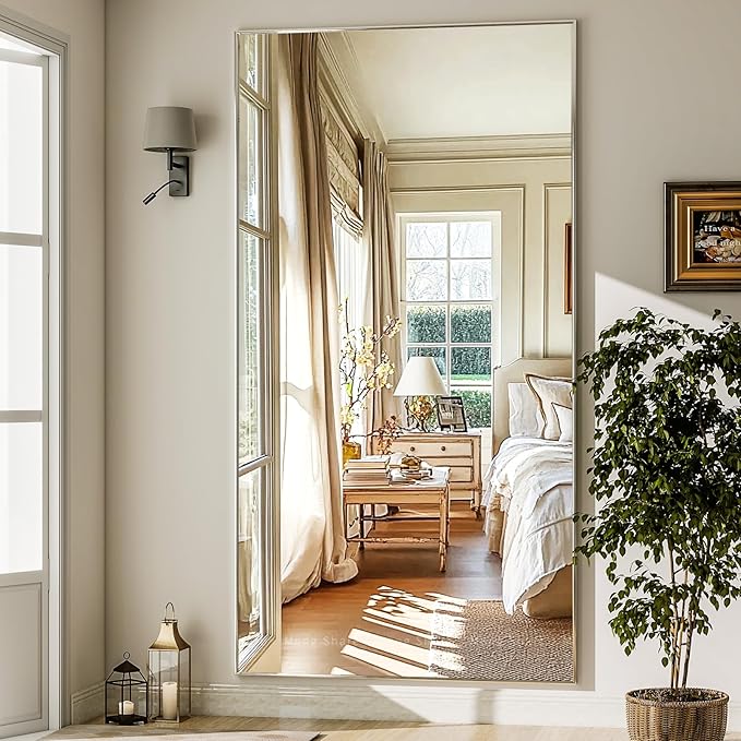 GLSLAND 76"x34" Full Length Mirror Extra Large Hanging or Leaning Rectangle Mirror Aluminum Alloy Thin Frame Bedroom Floor Dressing,Silver-DeskLoop Office