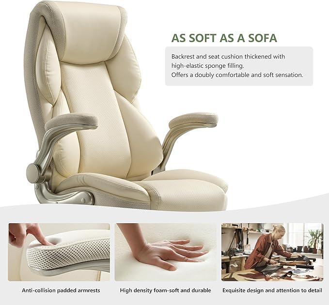 EUREKA ERGONOMIC Executive Office Chair Flip Up Arm Rest, Ergonomic Desk Chair Faux Leather Computer Chair, High Back Office Chair with Headrest, Home Office Desk Chairs with Wheels, Beige-DeskLoop Office