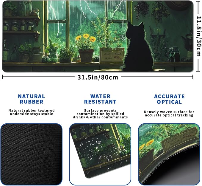 Green Black Cat Mouse Pad Abstract Green Mouse Pad 31.5x11.8 Inch Cat Texture - Image 3