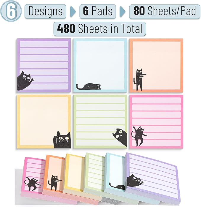 Mr. Pen- Black Cat Sticky Notes Set, 6 Pads, 480 Sheets | Black Cat Sticky Notes - Image 2