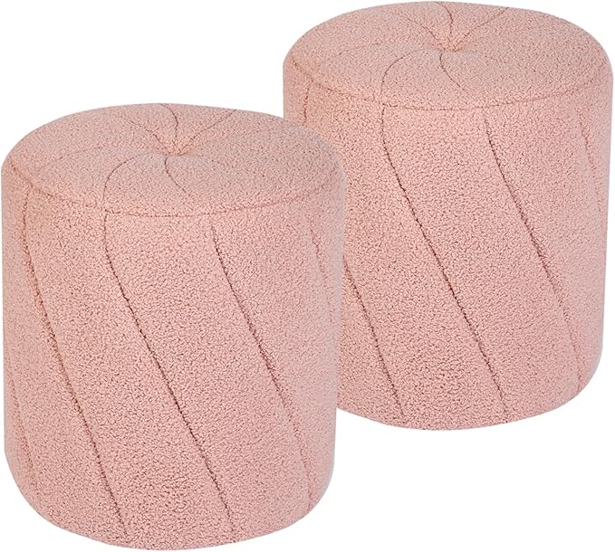 Modern Round Ottoman 2Pcs, Spiral-Tufted Foot Stool Ottoman, Teddy Fleece Upholstered Vanity Stool for Makeup, Bedroom, Living Room, Pink-DeskLoop Office