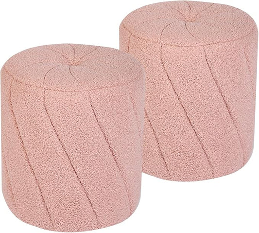Modern Round Ottoman 2Pcs, Spiral-Tufted Foot Stool Ottoman, Teddy Fleece Upholstered Vanity Stool for Makeup, Bedroom, Living Room, Pink-DeskLoop Office