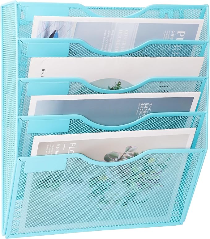 EASEPRES 5 Pocket Mesh Hanging Wall File Organizer, Wall Mounted Mail Paper Document Folder Holder, Clipboard Storage Organization Magazine Rack with Nametag Label for Office Home School, Blue-DeskLoop Office