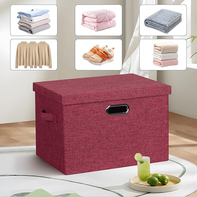 Large 17" 36 Quart Collapsible Stackable Storage Bins with Lids, 3 Packs Bright Red Linen Fabric Closet Boxes with Lids, Storage Cube Baskets Container Organizers for Office (17x12x11)-DeskLoop Office