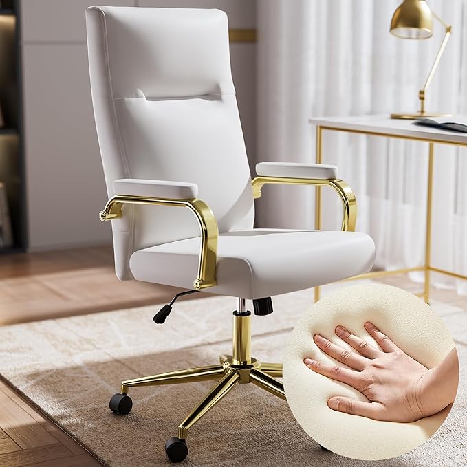 White and Gold Office Chair Memory Foam, White Leather Computer Desk Chairs with Wheels and Arms, High Back Executive Office Chair for Girl and Women-DeskLoop Office