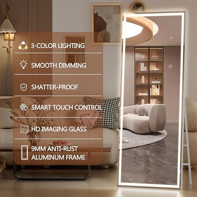 Hasipu Full Length Mirror with Lights, 67" x 24" LED Lighted Floor Standing, Full Body Dressing Hanging Mounted Mirror, Dimmable, Tempered Glass, Safe to Use, Square White-DeskLoop Office