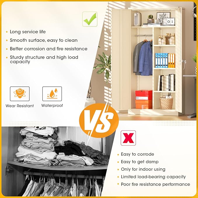 Greenvelly Metal Storage Wardrobe Cabinet with Lock, 72" Grey Metal Wardrobe Closet for Hanging Clothes with Doors and Shelves, Modern Clothes Closet for Home, Office and Bedroom, School,Gym-DeskLoop Office
