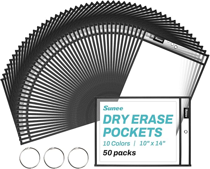 SUNEE 50 Packs Oversized Reusable Dry Erase Pocket Sleeves by SUNEE