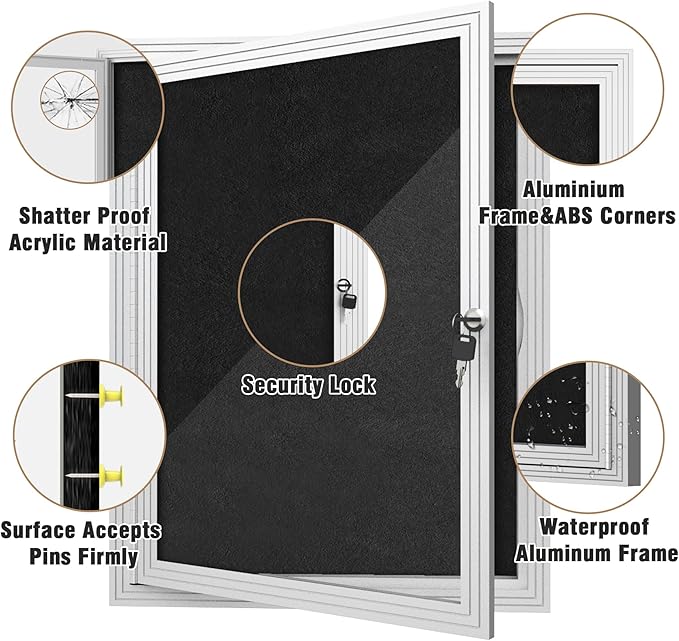 26"x20" Enclosed Bulletin Board, Outdoor Lockable Weather-Resistant Aluminum Cork Noticeboard for School & Office, Silver Frame w/Black Flet-DeskLoop Office