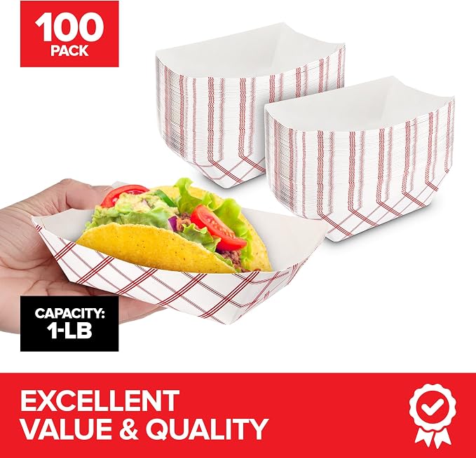 Small Paper Food Boats 1 Lb Disposable Red & White Checkered Trays, Eco - Image 2