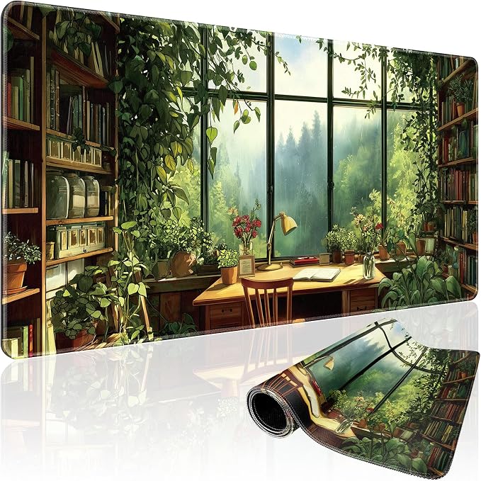 Green Library Study Room Large Gaming Mouse Pad 31.5"x15.7"｜XXL Desk Mat by Mcapirivo