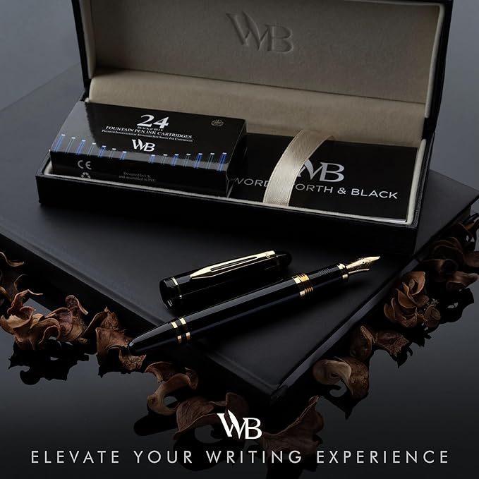 Wordsworth & Black Majesti Fountain Pen-(Black), Luxury Case, 24K Gold Finish; 18K Gilded Fine Nib-Ink Cartridges, Refillable Ink Converter-Calligraphy Pen-Best Business Gift Set for Men & Women-DeskLoop Office