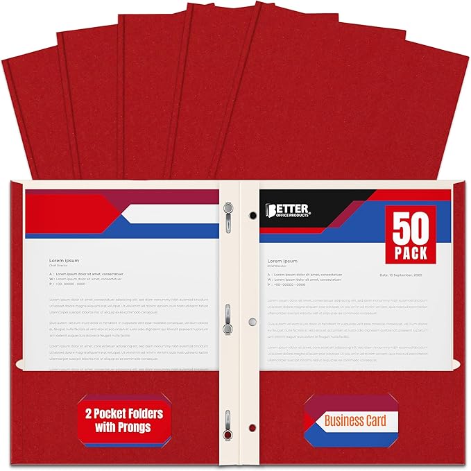 Better Office Products Plastic Folders, 50 Pack Red Paper Folders by BetterOfficeProducts