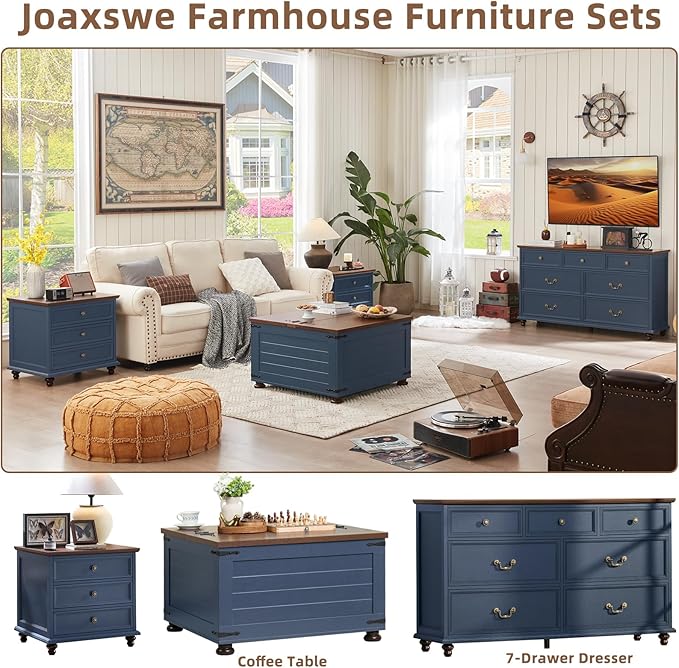 24" Wide Farmhouse Night Stand,Large End Table with 3 Drawers & Metal Handle,Blue Wood Dresser for Bedroom Cabinet, Bed Side Tabl·e Chest of Drawers,Nightstand for Living Room,Close-DeskLoop Office