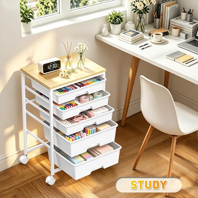SUNALLY Rolling Carts With 5 Drawers, Storage Drawer Carts with Wooden Tabletop - Image 9