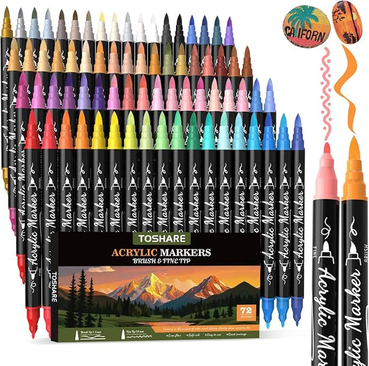 TOSHARE 72 Colors Acrylic Paint Markers, Brush & Fine Dual Tip Acrylic Paint by TOSHARE
