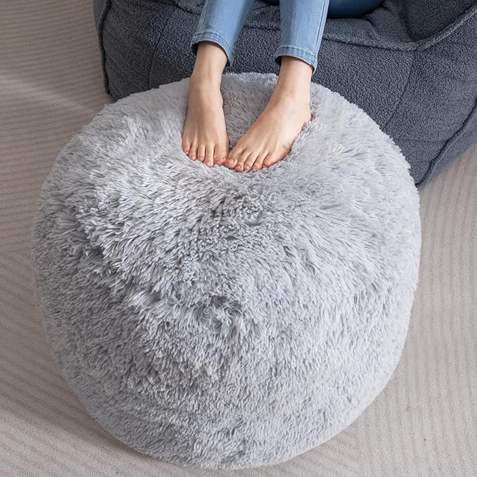 HIGOGOGO Round Stuffed Pouf Ottoman, Long Faux Fur Poufs with Foam Chunk Filling, Fluffy and Furry Pouf Foot Stool Storage Ottoman, 26 X 18 Floor Poufs Foot Rest for Living Room, Light Grey-DeskLoop Office