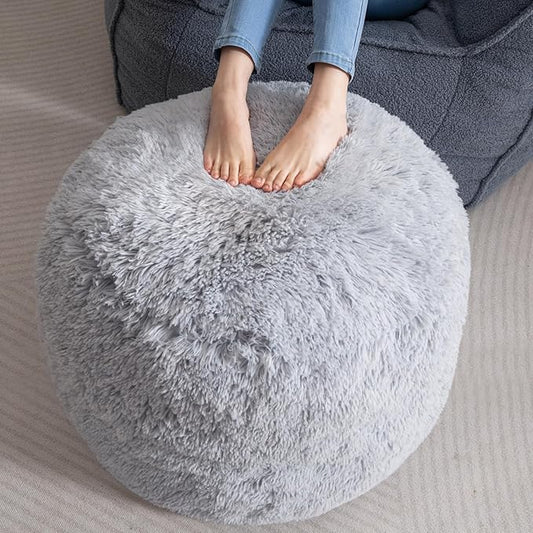 HIGOGOGO Round Stuffed Pouf Ottoman, Long Faux Fur Poufs with Foam Chunk Filling, Fluffy and Furry Pouf Foot Stool Storage Ottoman, 26 X 18 Floor Poufs Foot Rest for Living Room, Light Grey-DeskLoop Office