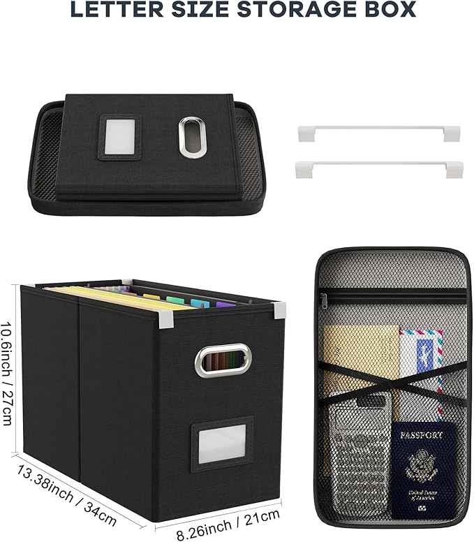 Oterri File Organizer Box with Lid, Hanging Filing File Box with Mesh Pocket, Document Organizer Box for Letter Files, Portable Storage Box with Smooth Sliding Rail for Office&Home (1 PCS, Black)-DeskLoop Office