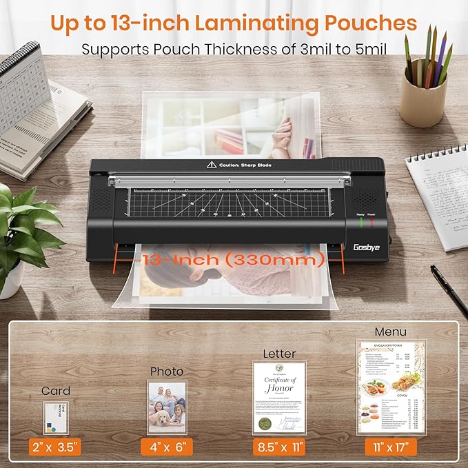 Laminator Machine, 13-Inch Thermal Laminator with Steel Paper Cutter, 13 Laminating Pouches, Corner Rounder, Jam Release Button for Home, Office, School, Teachers, Personal Use, Black-DeskLoop Office