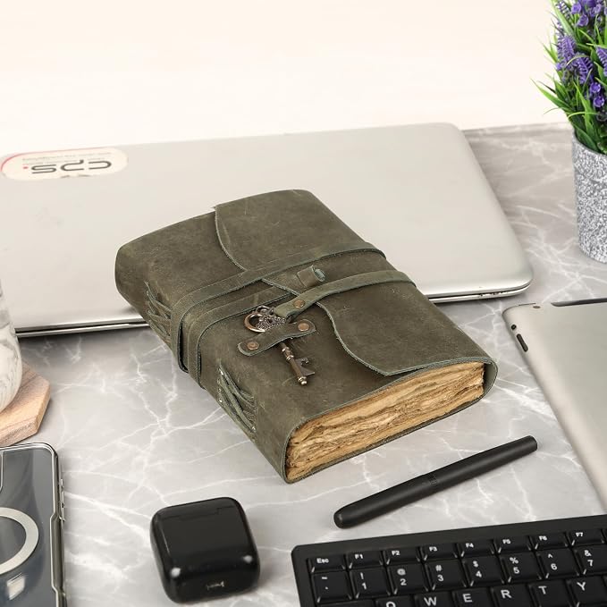 Leather Journal with Deckle Edge Paper 8x6 inch and Vintage Key | Handmade - Image 7