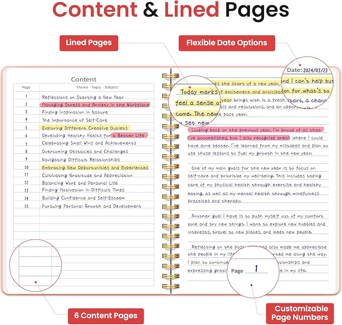 Taja Lined Spiral Journal Notebook for Work, 6 Pack, 140 Pages, College Ruled Hardcover Notebook Journal for Women, 6 Pcs, Journals for Writing, A5(6"x8") - Pink-DeskLoop Office