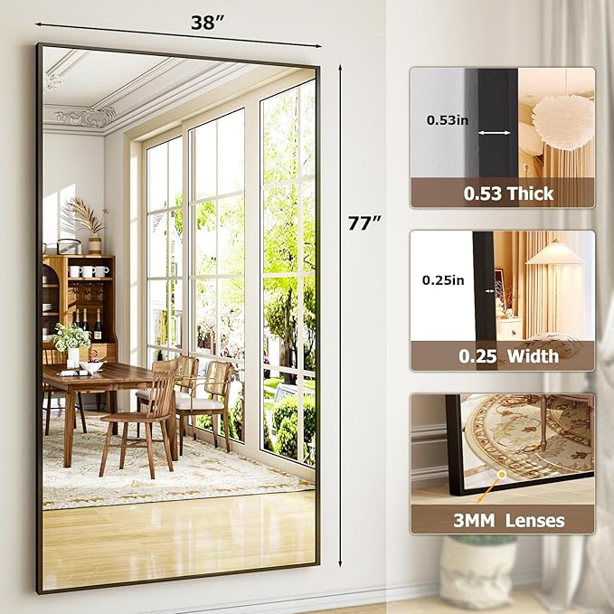 Full Length Mirror with Stand - 38"x77" Full Body Mirror for Floor, Wall Hanging or Leaning - Aluminum Alloy Frame for Living Room, Bedroom, Cloakroom - Black-DeskLoop Office