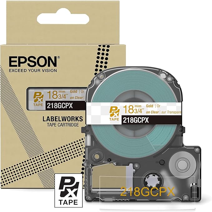 Epson LABELWORKS 218GCPX Genuine PET (Polyester) Tape Cartridge - Gold on Clear Designer Craft Label Maker Tape - 3/4" (18MM) Wide, 30'-DeskLoop Office
