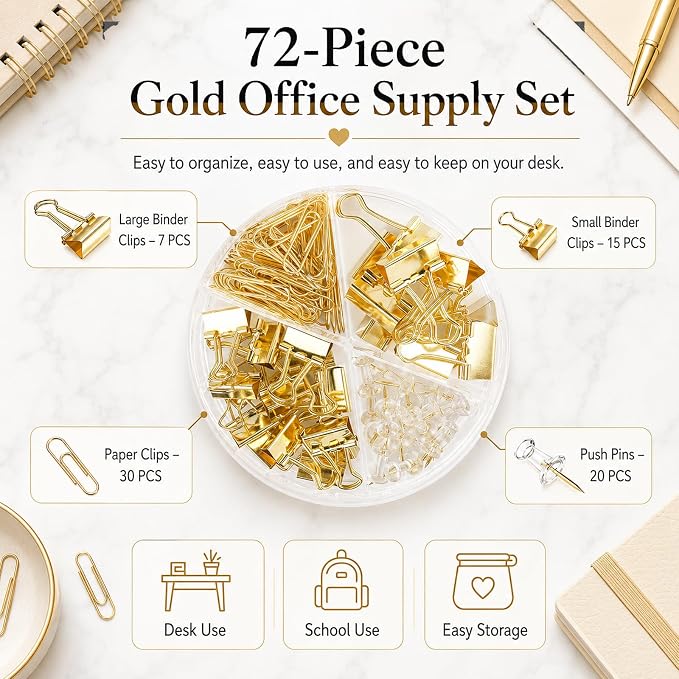 Gold Paper Binder and Clips Set, Metal Assorted Sized Binders - Image 4