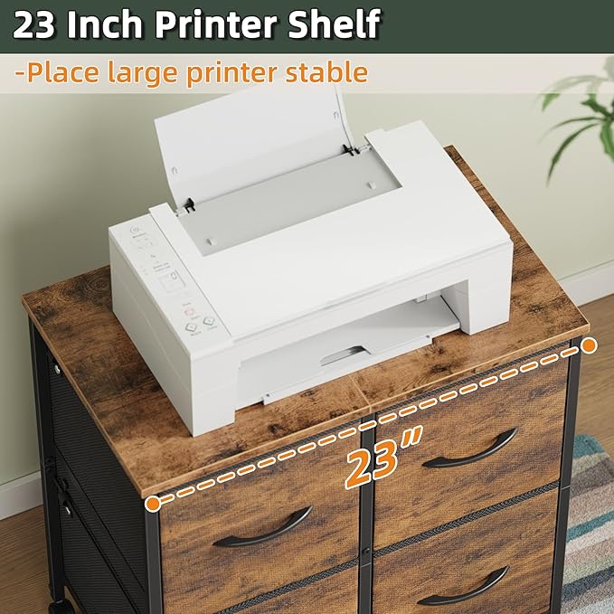 4 Drawer Lateral File Cabinet, Mobile Filing Cabinet for Large Printer, Home Office Functional Small Office Storage Cabinet & Printer Stand, Fabric Drawer, Fits Letter/A4, Rustic Brown-DeskLoop Office