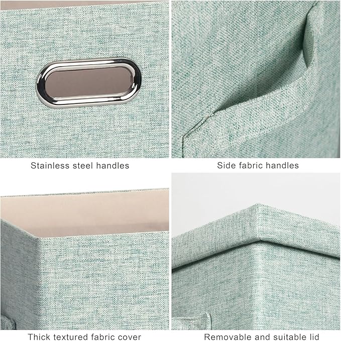 Large 17" 36 Quart Collapsible Stackable Storage Bins with Lids, 3 Packs Light Green Linen Fabric Closet Boxes with Lids, Storage Cube Baskets Container Organizers for Office (17x12x11)-DeskLoop Office