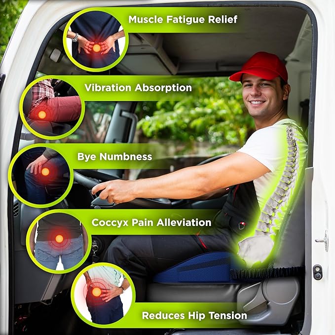 Large Truck Seat Cushion for Truck Driver Seat Cushion - Upgraded Back Support, CertiPUR-US® Certified - Thick Memory Foam, Pain Relief for Hours of Driving, Trucker Approved Big Rig - Navy-DeskLoop Office