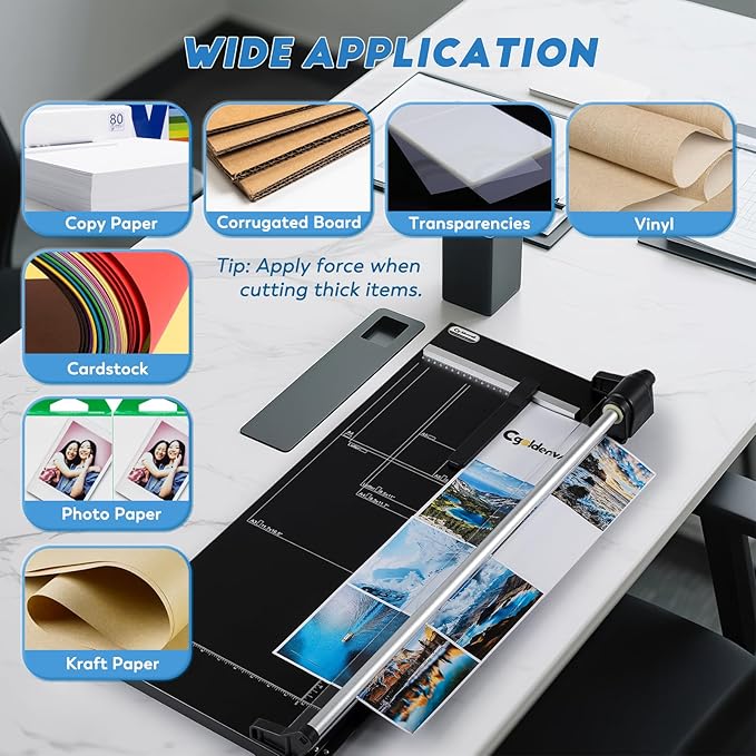 CGOLDENWALL A2 Rotary Paper Trimmer, 12 Sheets, w/Extra Blade & Gloves, for Cardstock Photo, Heavy Duty Paper Cutter for Offices Schools Crafts (24.8 Inch Cut Length)-DeskLoop Office