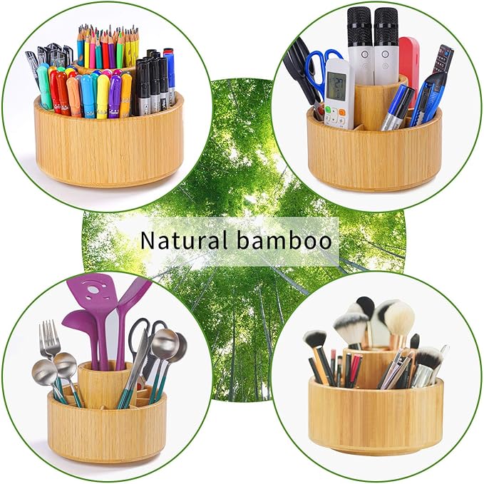 Utoplike Bamboo Rotating Art Supply Desk Organizer, Pencil Holder Organizer, Desktop Storage Caddy for Pen, Colored Pencil, Crayon, Paint Brushes, Art Studio&Office-DeskLoop Office