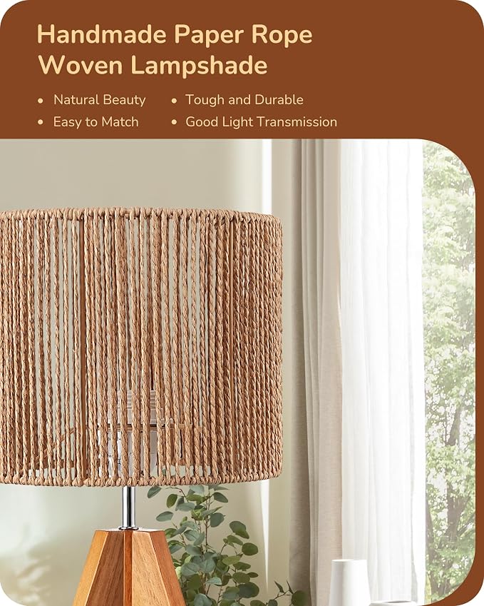 EDISHINE Small Rattan Table Lamp, Wood Tripod Bedside Lamp, Boho Nightstand Lamp - Image 2