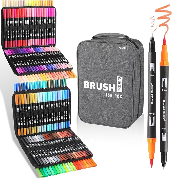 168 Colors Brush & Fine Dual Tip Watercolor Markers Set for Kids Adults Coloring Books No Bleeding Paint Pens For Drawing Note taking Planner Calligraphy Journaling Card Making Art Supplies-DeskLoop Office