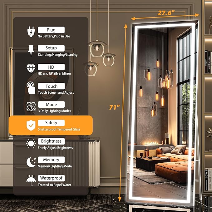 Hasipu Full Length LED Mirror with Lights, 71" x 27.6" Floor Standing or Hanging Mounted, Full Body Dressing Mirror, Dimmable Light, Tempered Glass, Square White-DeskLoop Office